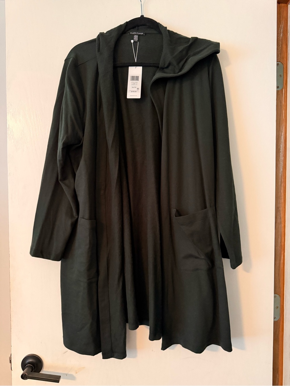 Eileen Fisher Open-Front Hooded Long Cardigan /Jacket - Dark Green